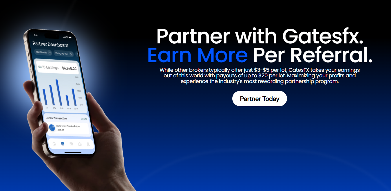 GatesFX Partners dashboard showing revenue growth and active traders