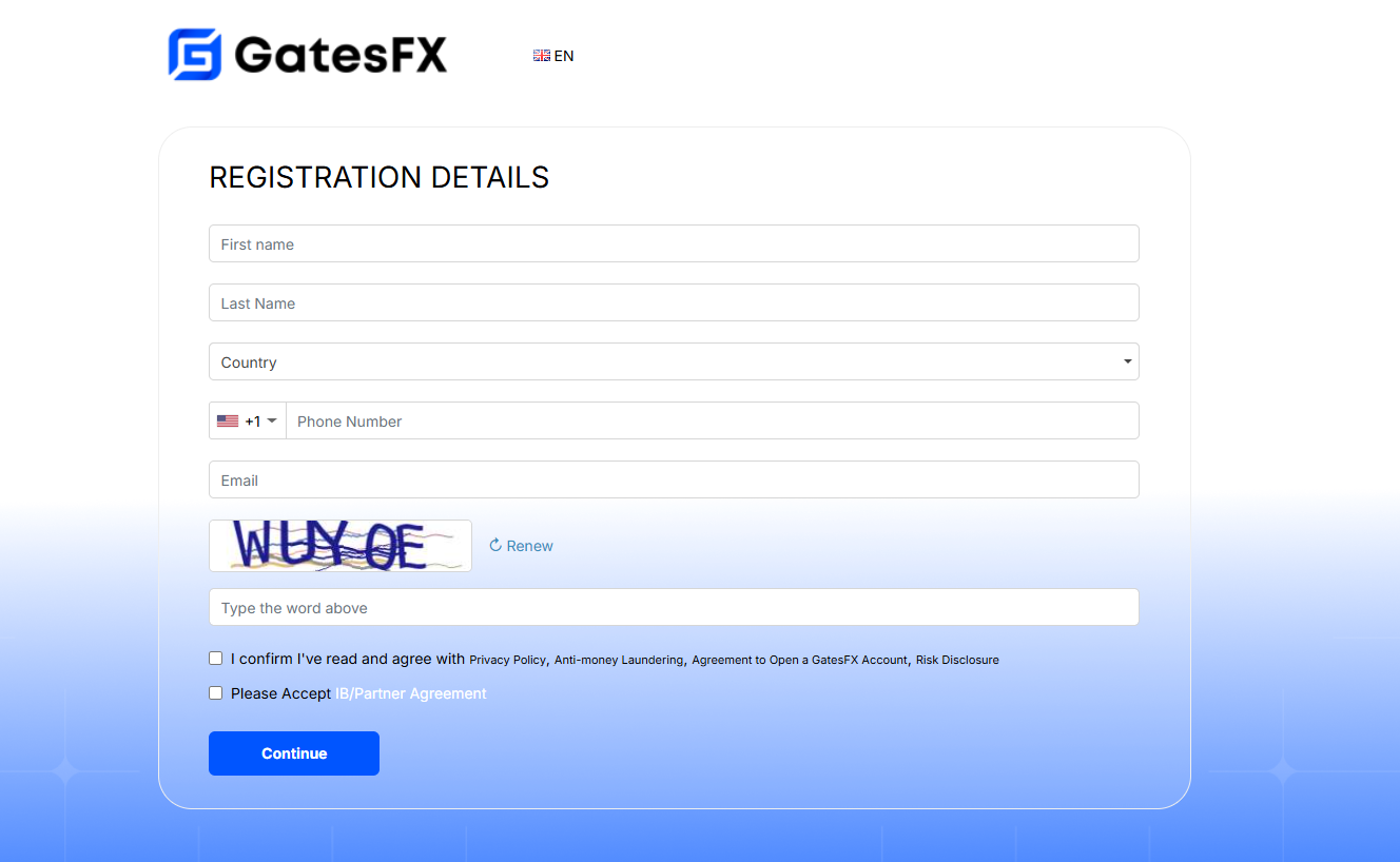 GatesFX Login Screen Interface showing secure fields